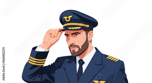 Illustration of a confident looking airline pilot saluting in professional attire