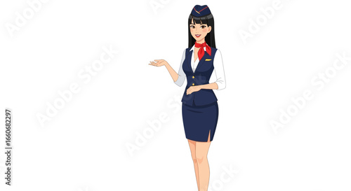 Illustration of a Smiling Asian Air Hostess Welcoming Passengers Onboard