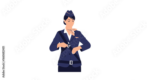 Illustrative stewardess securing seatbelt for passenger safety demonstration