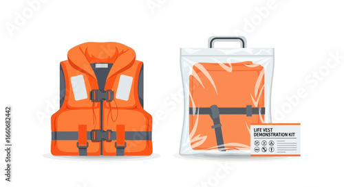 Isolated vector graphic showcasing a bright orange life vest and its demo kit