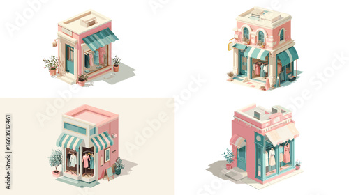 Isometric illustration of pastel boutique shops and cafes with striped awnings and plants. Perfect for city maps, urban design, or small business branding concepts.