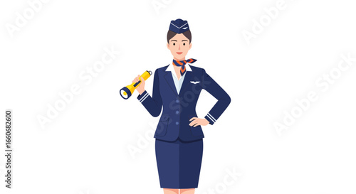 Professional airline stewardess with a flashlight, symbolizing safety checks