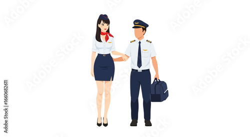 Professional aviation team, showcasing a pilot and flight attendant illustration