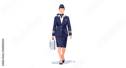 Professional flight attendant strides confidently with first aid kit isolated