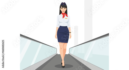 Professional flight attendant walking on airport escalator with uniform