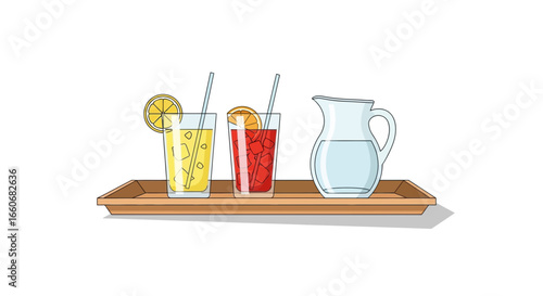Refreshing summer drinks illustration on tray with vibrant colors and citrus