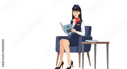 Relaxed cabin crew member enjoys reading a magazine during a break