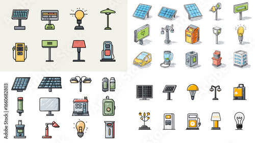 Set of solar energy and eco technology icons in hand-drawn style, including solar panels, lamps, chargers, and batteries. Perfect for renewable energy or sustainability concepts.