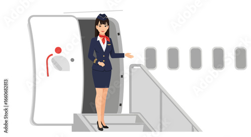 Smiling stewardess welcomes passengers aboard airplane with a welcoming gesture