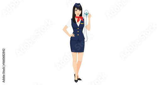 Stewardess demonstrates aircraft safety mask in emergencies procedure guide