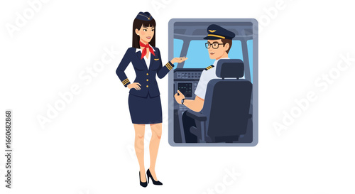Stewardess explains aircraft functions to a pilot in the cockpit concept