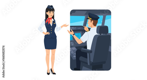 Stewardess introduces the pilot operating a flight, safety and travel concept
