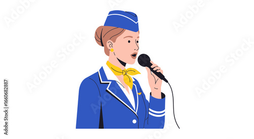 Stewardess speaks into a microphone, making an announcement on a flight
