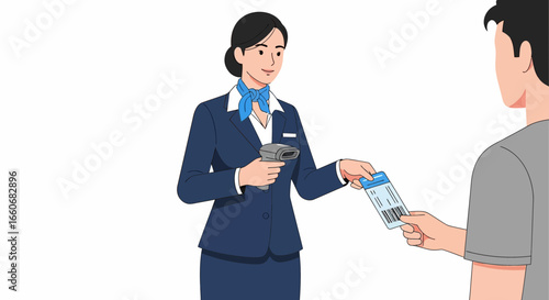 Stewardess scans a boarding pass, customer in queue at the airport