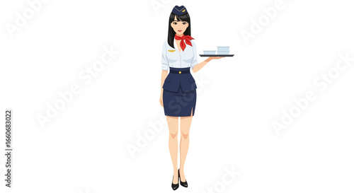 Stylish stewardess providing inflight service with a tray of refreshments