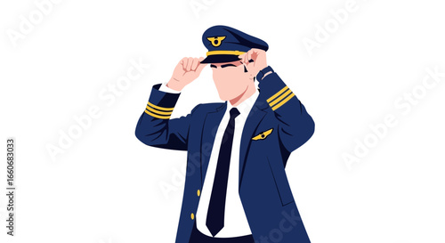 Stylized illustration of a confident pilot adjusting his cap with authority