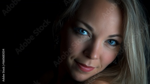 Wallpaper Mural Beautiful Blonde Woman with Bright Blue Eyes Smiling Confidently in Dark Studio Setting Torontodigital.ca