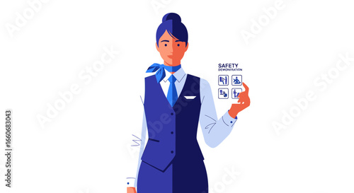Stylized illustration of a flight attendant doing a safety demonstration