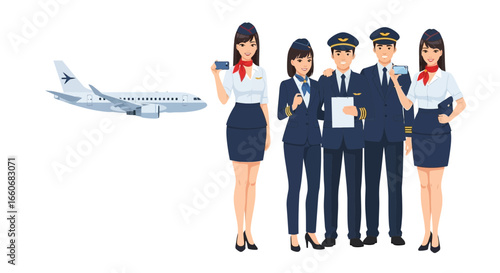 Team of airline pilots and flight attendants in uniform near the plane