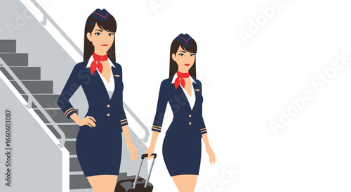 Two elegant air hostesses in uniform, with a suitcase on the plane stairs