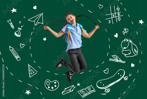 Jumping little schoolgirl o...