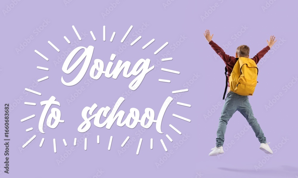 Naklejka premium Little boy with backpack jumping on lilac background. Going to school