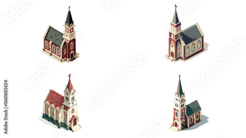 Isometric illustration of classic churches with steeples and red brick walls, ideal for architectural visualization, religious scenes, or historical town design.