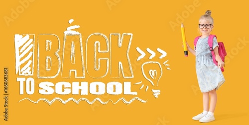 Cute little girl with big pencil and backpack on yellow background. Back to s...