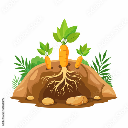 Three Carrots Growing from Soil with Potatoes