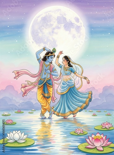 A beautiful illustration of the divine love between Hindu deities Radha and Krishna, dancing on lotus flowers under the full moon
