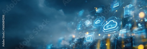 Digital cloud technology background showcasing innovative connections, data processing, and blue-toned graphics, illustrating the future of networking and digital solutions for modern businesses.
