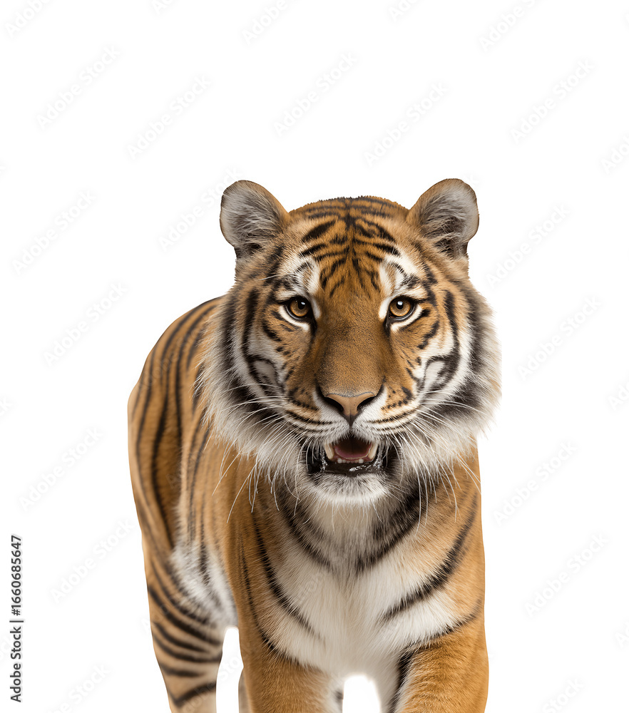 Fototapeta premium Cheerful tiger facing the camera in a half-body pose, showcasing its expressive and friendly demeanor