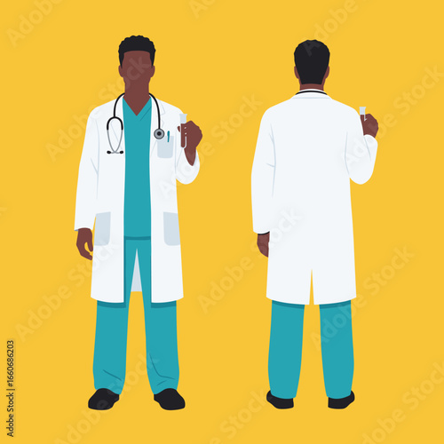 Black male doctor in a white lab coat and scrubs, shown from the front and back. Vector illustration of a medical professional holding a test tube.