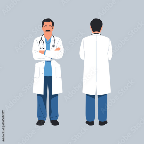 Male doctor character in lab coat and scrubs shown from front and back. Vector illustration of a medical professional with a stethoscope.