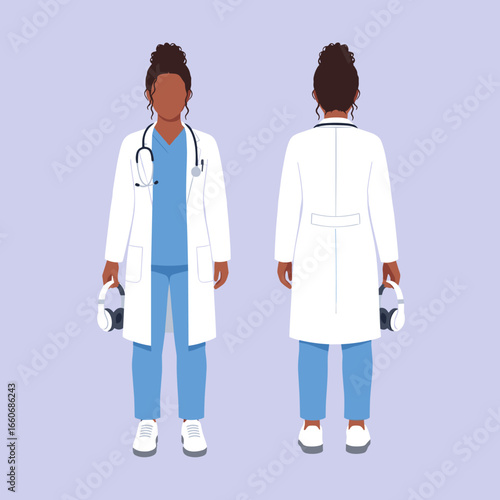 African American woman physician with stethoscope and headphones. Medical professional character design set.