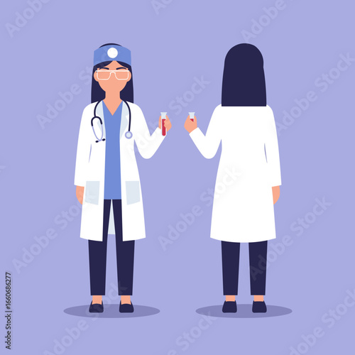 Female doctor character in a white lab coat holding a blood sample test tube. Front and back view of a medical professional woman. Vector illustration.