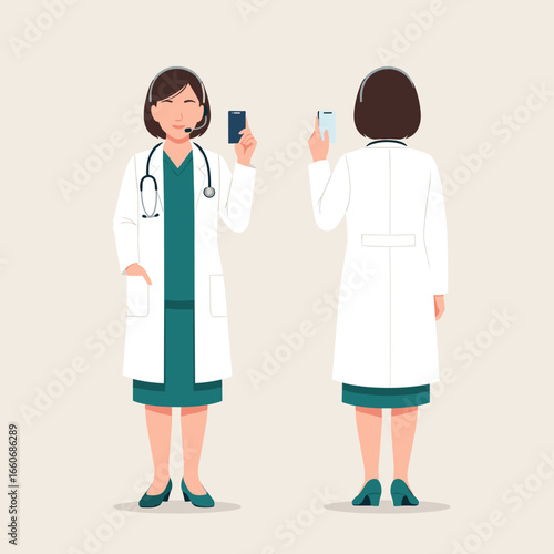 Female doctor character in front and back view. Woman physician with headset and smartphone for telemedicine or online medical consultation.