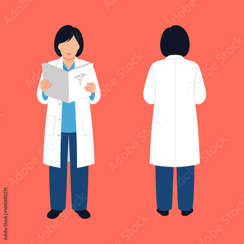 Asian female doctor in a white lab coat and scrubs, shown from the front and back. Healthcare professional vector illustration.