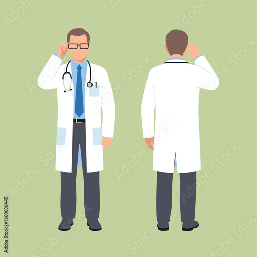 Male doctor in a white lab coat and stethoscope. Front and back view of a medical professional adjusting his glasses. Flat vector illustration.