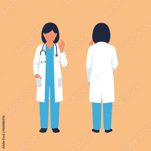 Woman doctor character in uniform with stethoscope. Front and back view of a healthcare worker. Flat vector illustration.