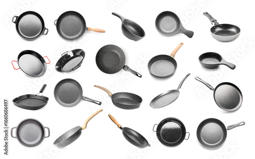 Collage of frying pans on w...