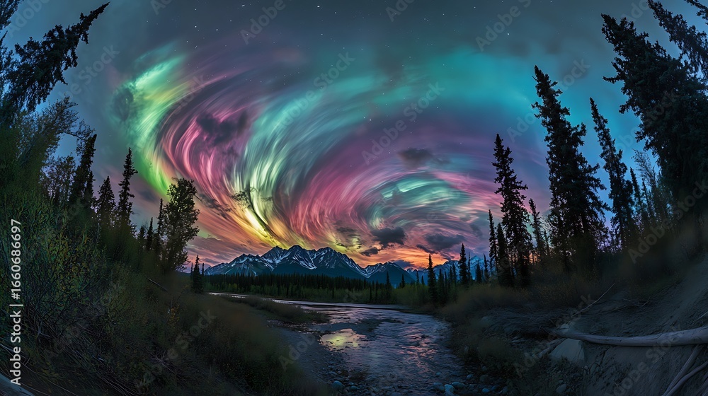 Obraz premium Aurora Borealis swirling over mountains and river