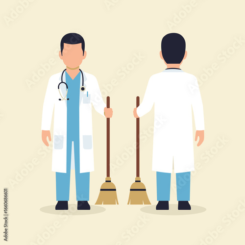 Front and Back View of a Male Doctor in Scrubs and Lab Coat Holding a Broom. Medical Cleaning and Hygiene Concept.