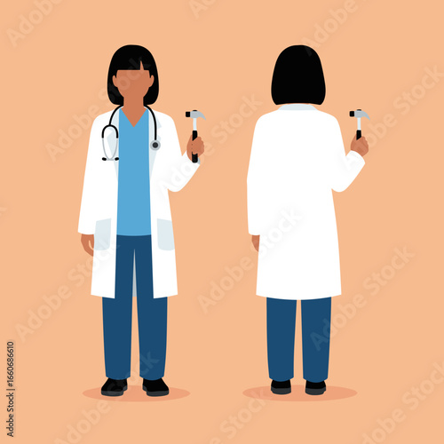 Female doctor character in a lab coat holding a reflex hammer. Front and back view vector illustration.