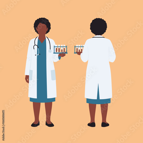 Vector illustration of a Black female medical professional or researcher. Character shown from the front and back holding a test tube rack.