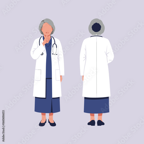 Full length front and back view of an elderly female doctor. Senior physician with a stethoscope asking for silence or confidentiality.