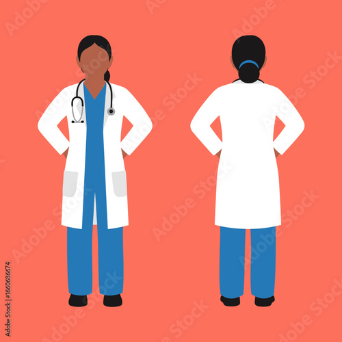 Black female doctor in a white lab coat and scrubs with a stethoscope. Front and back view of a medical professional character illustration.