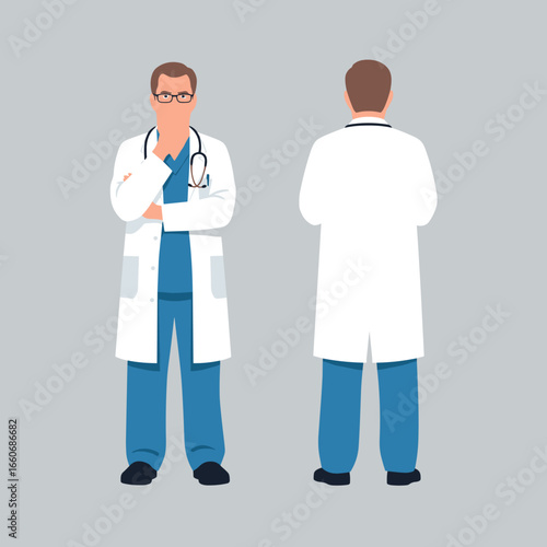 Male doctor in a white lab coat and blue scrubs with a stethoscope. Front and back view of a medical professional. Vector character illustration.