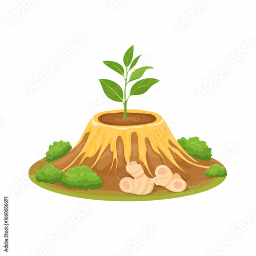 Sapling Growing From Tree Stump With Ginger Roots