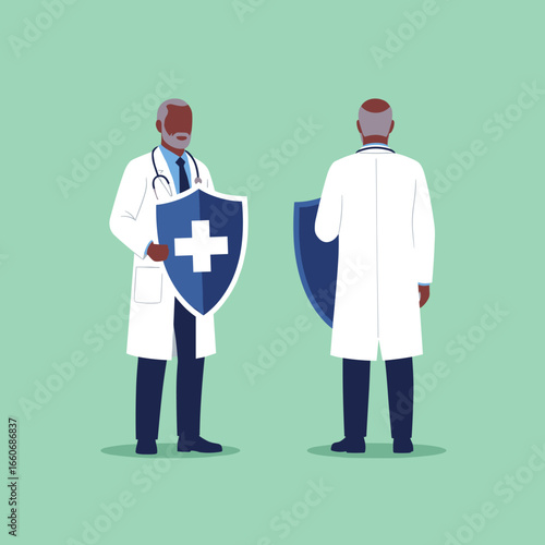 Senior African American physician with a health protection shield. Medical insurance concept vector illustration.